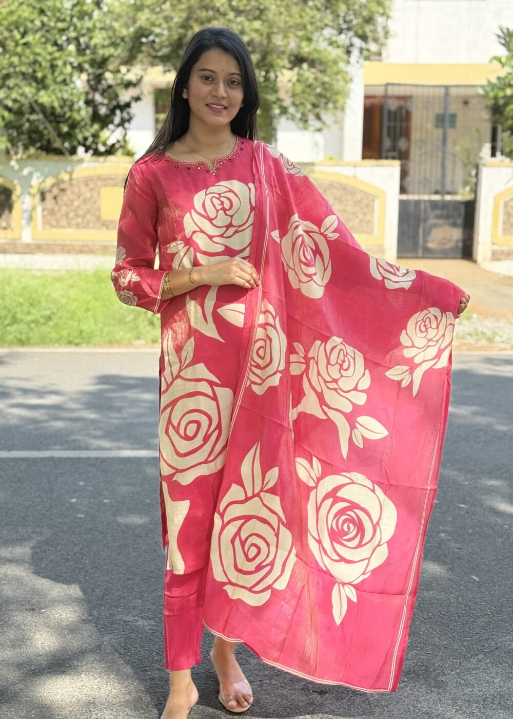 coral pink shimmer kurtha set