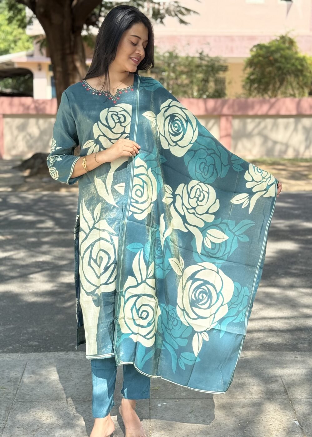 slate blue shimmer kurtha set