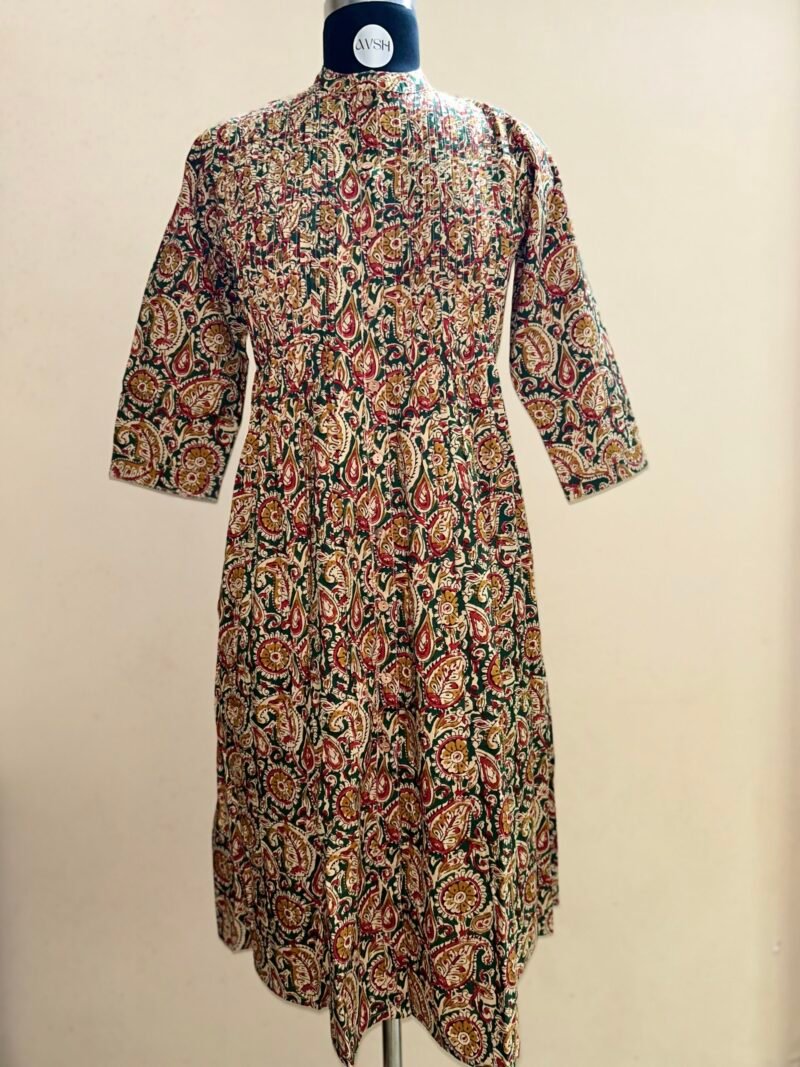 green pin n tuck kalamkari kurtha top